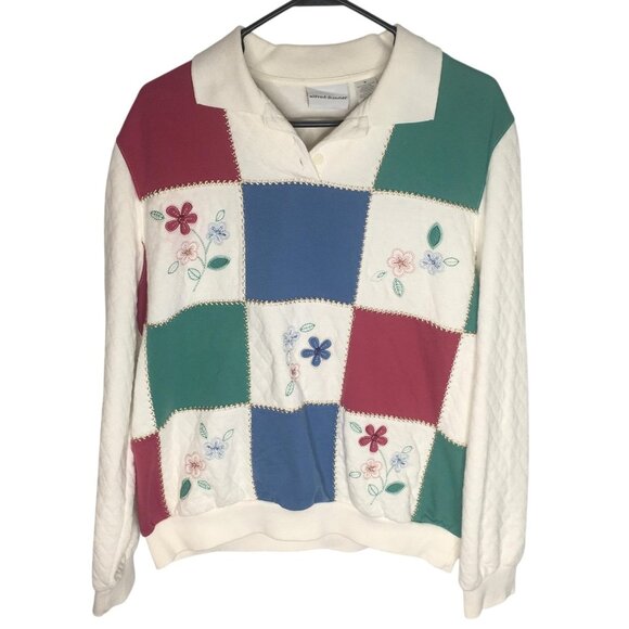 Alfred Dunner Sweater Womens Medium Patchwork Quilted Floral Embroidered Pullove - Picture 1 of 13